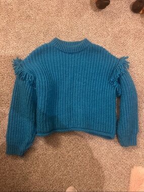 Zara kids Teal Fringe-Trim Chunky Knit Sweater